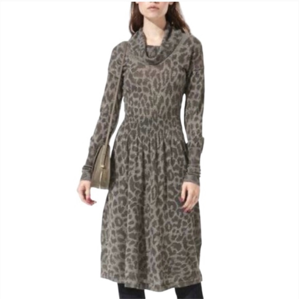 Rebecca Taylor Animal Print Cowl Neck Long Sleeve Dress Size M